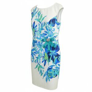Joseph Ribkoff Holiday Party Designer Sheath Dress White and Blue Tropical